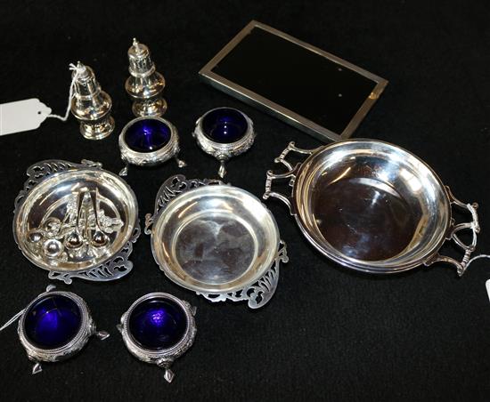 Two pairs of small silver quaiches, set 4 cauldon salts, pair of urn peppers, sundry spoons & a photograph frame